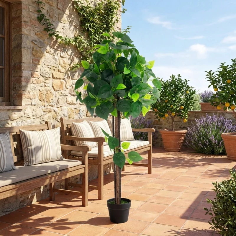 SUGIFT 45 Inch Artificial Hydrangea Tree with Real Wood Trunk, Faux Floral Plant with Green Leaves and Cement Pot for Indoor Living Room Decor, Green