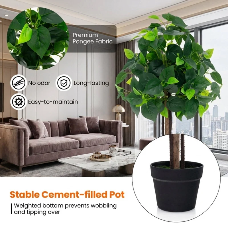 SUGIFT 45 Inch Artificial Hydrangea Tree with Real Wood Trunk, Faux Floral Plant with Green Leaves and Cement Pot for Indoor Living Room Decor, Green