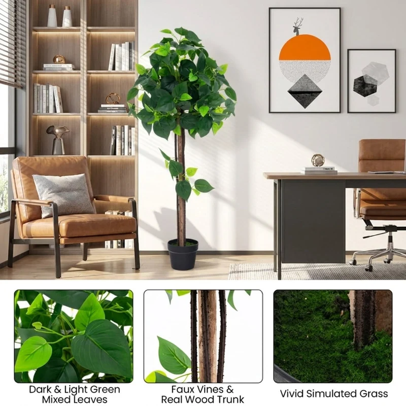 SUGIFT 45 Inch Artificial Hydrangea Tree with Real Wood Trunk, Faux Floral Plant with Green Leaves and Cement Pot for Indoor Living Room Decor, Green