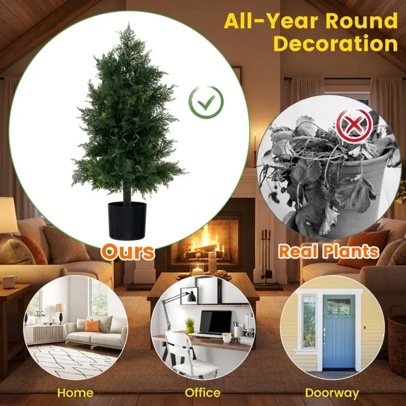 SUGIFT Artificial Cedar Topiary Tree with Nursery Pot, 31.5 Inch Faux Cedar Plant for Porch Office Indoor Outdoor Decor, Green Black,