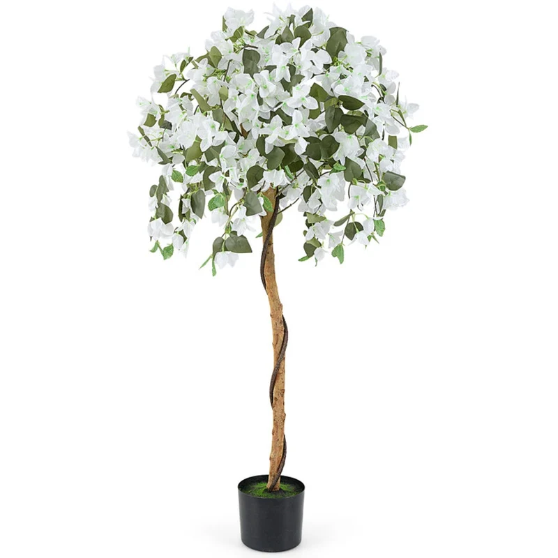 SUGIFT 4.5 Feet Artificial Azalea Tree with Cement Pot, Faux Tree Fake Flowering Potted Plant for Indoor Living Room Entryway Home Decor, White Green