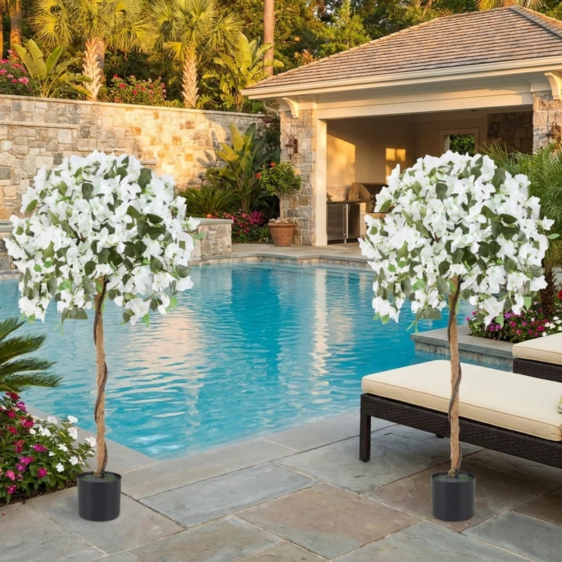 SUGIFT 4.5 Feet Artificial Azalea Tree with Cement Pot, Faux Tree Fake Flowering Potted Plant for Indoor Living Room Entryway Home Decor, White Green