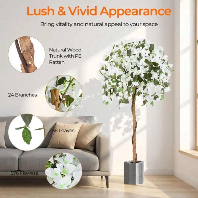 SUGIFT 4.5 Feet Artificial Azalea Tree with Cement Pot, Faux Tree Fake Flowering Potted Plant for Indoor Living Room Entryway Home Decor, White Green