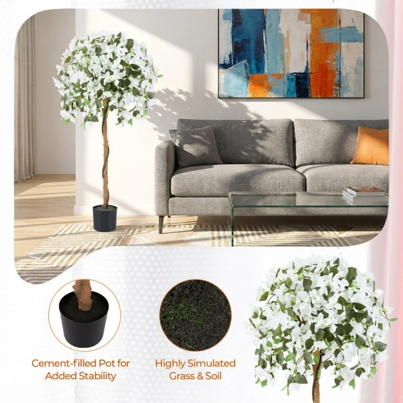SUGIFT 4.5 Feet Artificial Azalea Tree with Cement Pot, Faux Tree Fake Flowering Potted Plant for Indoor Living Room Entryway Home Decor, White Green