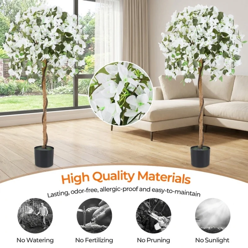 SUGIFT 4.5 Feet Artificial Azalea Tree with Cement Pot, Faux Tree Fake Flowering Potted Plant for Indoor Living Room Entryway Home Decor, White Green