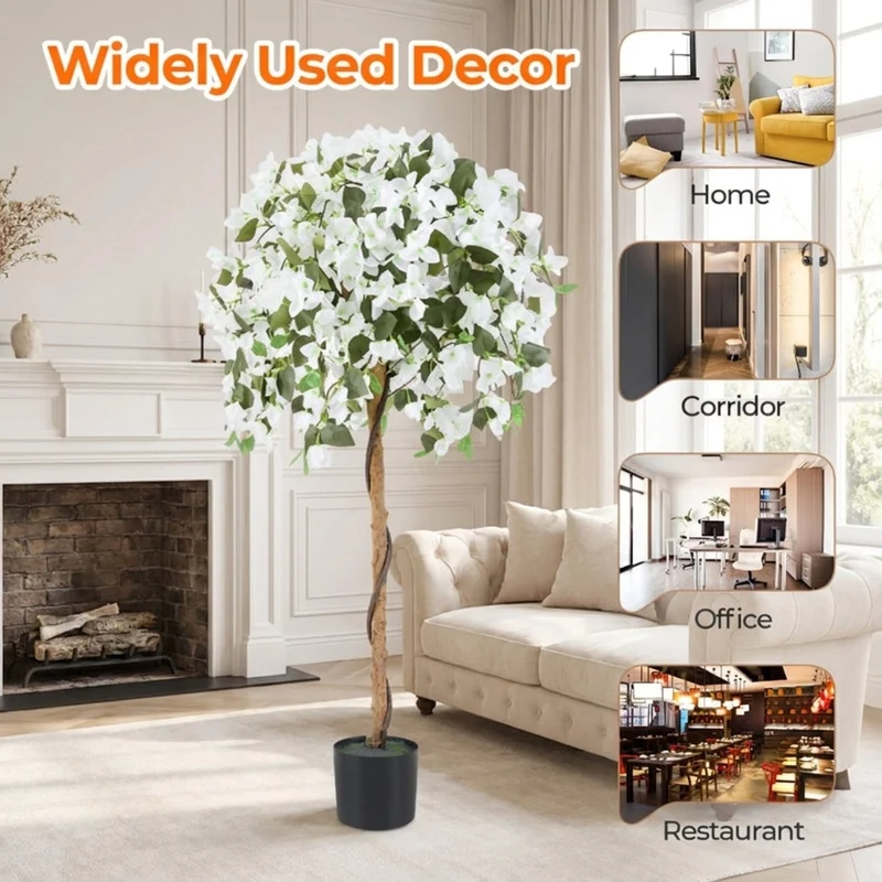 SUGIFT 4.5 Feet Artificial Azalea Tree with Cement Pot, Faux Tree Fake Flowering Potted Plant for Indoor Living Room Entryway Home Decor, White Green