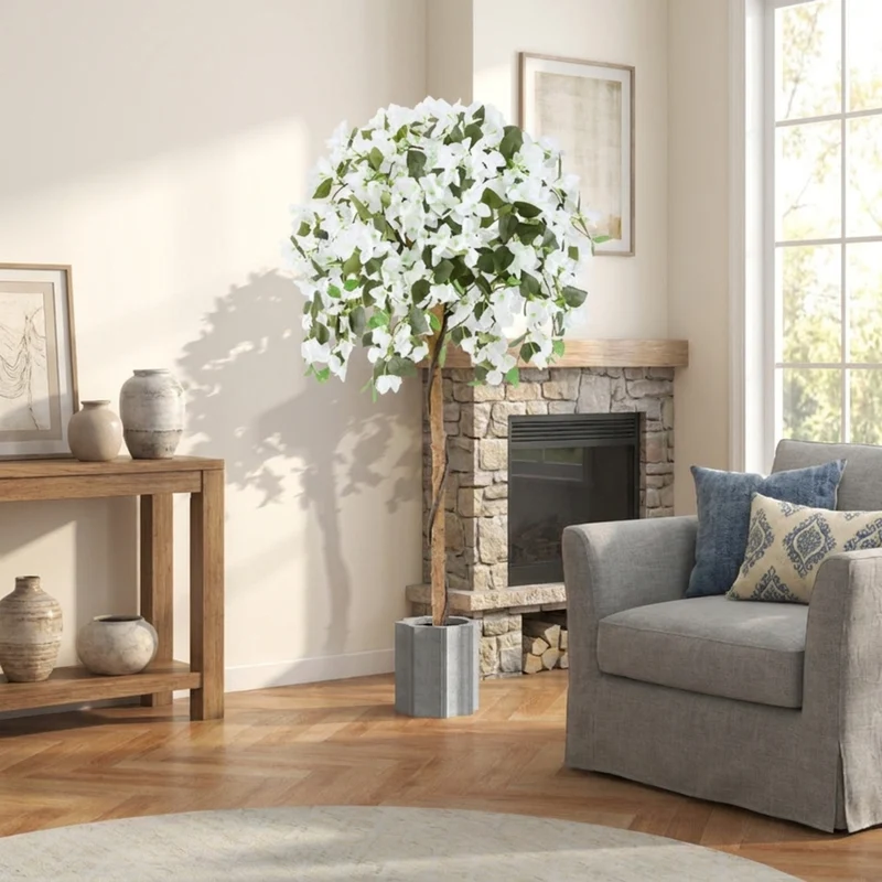 SUGIFT 4.5 Feet Artificial Azalea Tree with Cement Pot, Faux Tree Fake Flowering Potted Plant for Indoor Living Room Entryway Home Decor, White Green