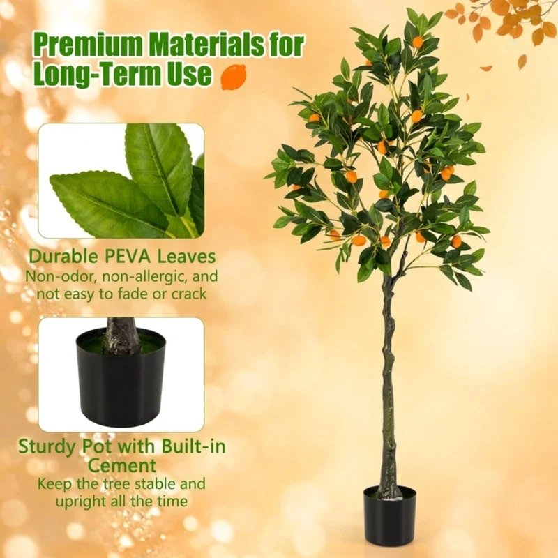 SUGIFT 5.2 Feet Artificial Tree Lemon Fruit Tree, Faux Tree Indoor with Pot for Living Room Office Corner Decor, Fake Lemon Plant, Green Yellow