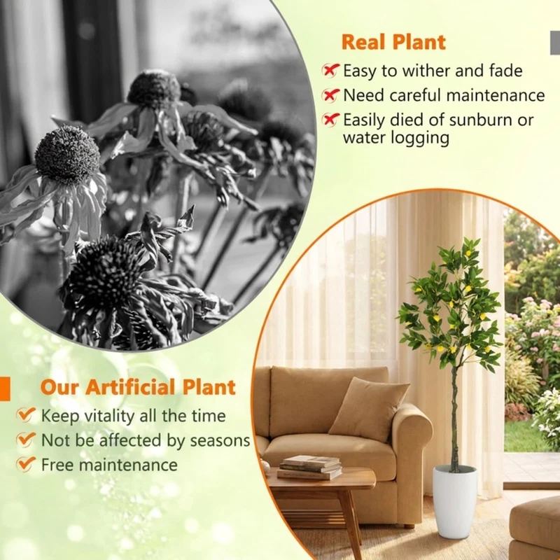 SUGIFT 5.2 Feet Artificial Tree Lemon Fruit Tree, Faux Tree Indoor with Pot for Living Room Office Corner Decor, Fake Lemon Plant, Green Yellow