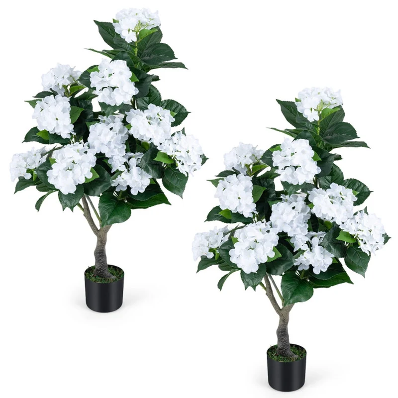SUGIFT Artificial Hydrangea Tree with 11 White Flowers, Faux Floral Plant with Cement Pot and Silk Blooms for Indoor Living Room Bedroom Decor, White