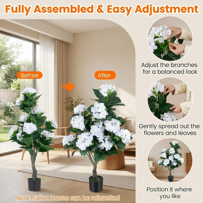 SUGIFT Artificial Hydrangea Tree with 11 White Flowers, Faux Floral Plant with Cement Pot and Silk Blooms for Indoor Living Room Bedroom Decor, White