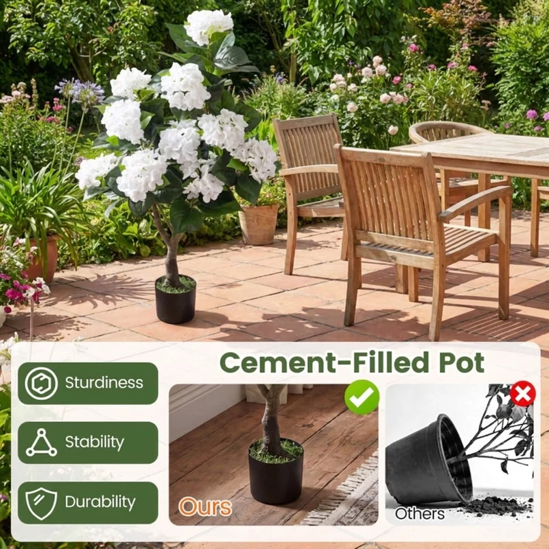 SUGIFT Artificial Hydrangea Tree with 11 White Flowers, Faux Floral Plant with Cement Pot and Silk Blooms for Indoor Living Room Bedroom Decor, White