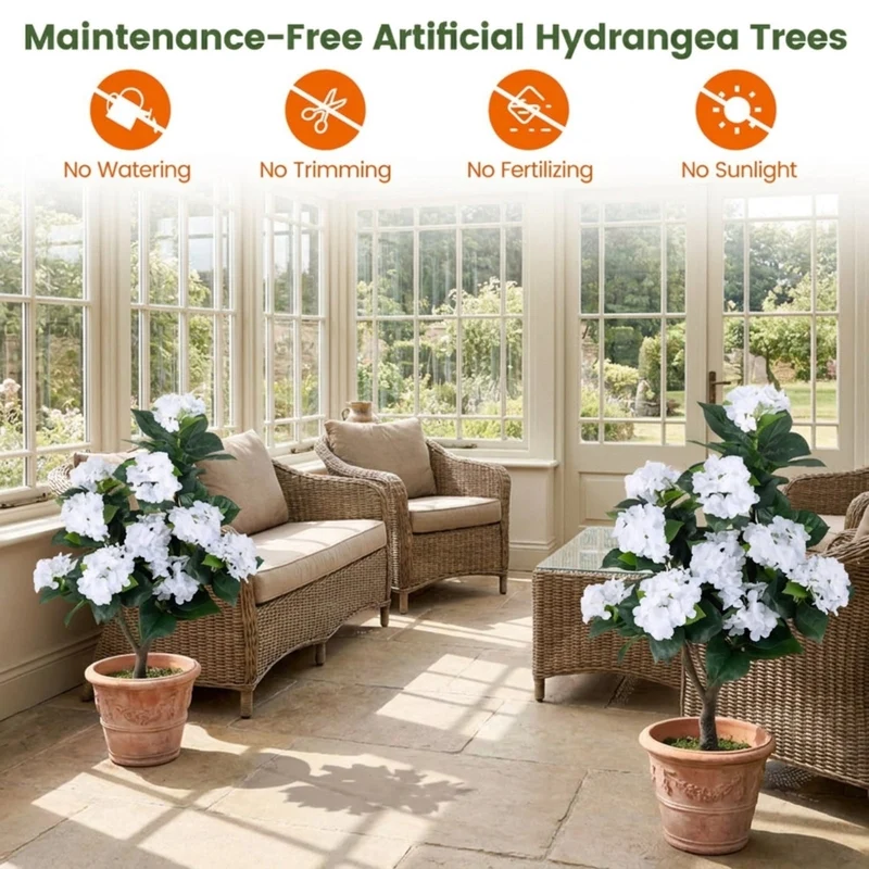 SUGIFT Artificial Hydrangea Tree with 11 White Flowers, Faux Floral Plant with Cement Pot and Silk Blooms for Indoor Living Room Bedroom Decor, White