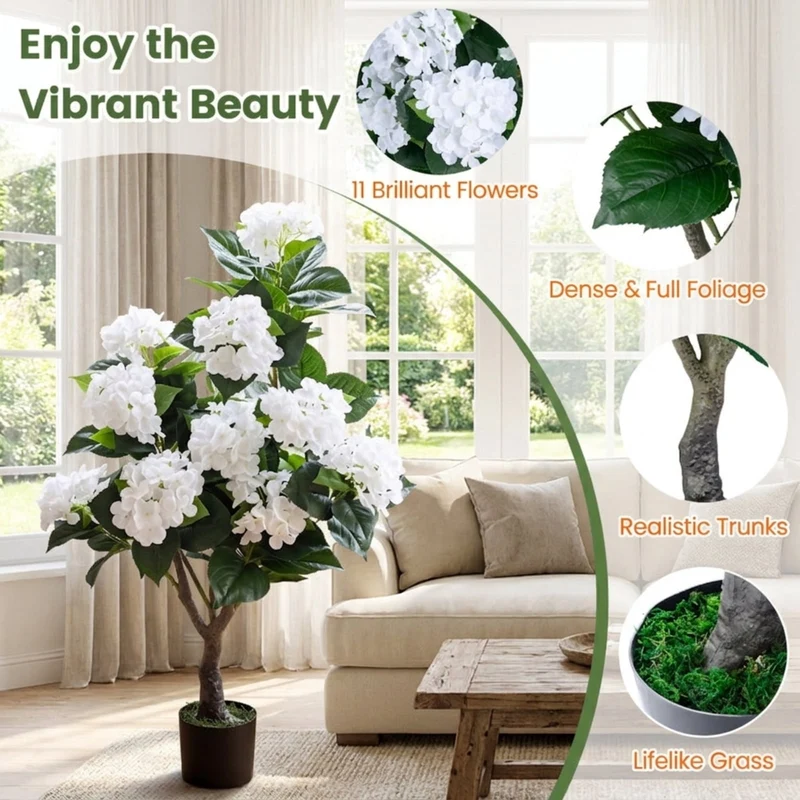 SUGIFT Artificial Hydrangea Tree with 11 White Flowers, Faux Floral Plant with Cement Pot and Silk Blooms for Indoor Living Room Bedroom Decor, White