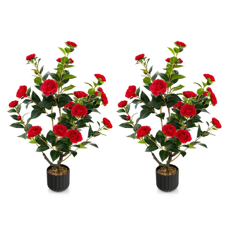 SUGIFT 38 Inch Artificial Camellia Tree, 2 Pack Faux Flower Plant with Red Blooms in Cement Pot for Living Room Porch Decor, Red + Green + Black,