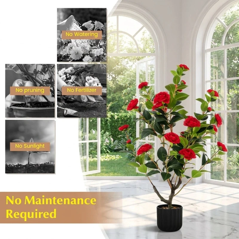 SUGIFT 38 Inch Artificial Camellia Tree, 2 Pack Faux Flower Plant with Red Blooms in Cement Pot for Living Room Porch Decor, Red + Green + Black,
