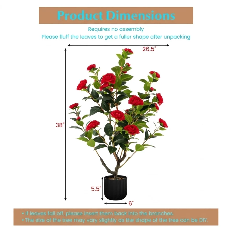 SUGIFT 38 Inch Artificial Camellia Tree, 2 Pack Faux Flower Plant with Red Blooms in Cement Pot for Living Room Porch Decor, Red + Green + Black,