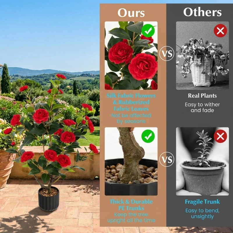 SUGIFT 38 Inch Artificial Camellia Tree, 2 Pack Faux Flower Plant with Red Blooms in Cement Pot for Living Room Porch Decor, Red + Green + Black,