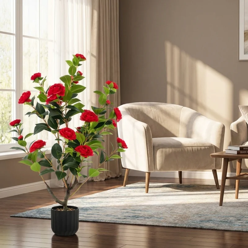 SUGIFT 38 Inch Artificial Camellia Tree, 2 Pack Faux Flower Plant with Red Blooms in Cement Pot for Living Room Porch Decor, Red + Green + Black,