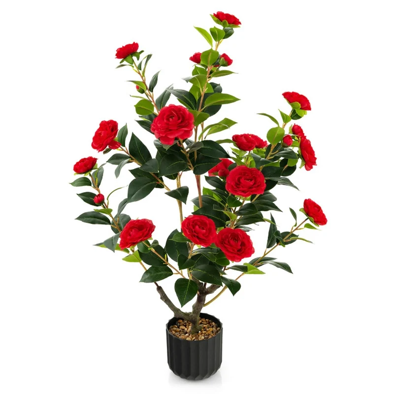 SUGIFT 38 Inch Artificial Camellia Tree, 2 Pack Faux Flower Plant with Red Blooms in Cement Pot for Living Room Porch Decor, Red + Green + Black,