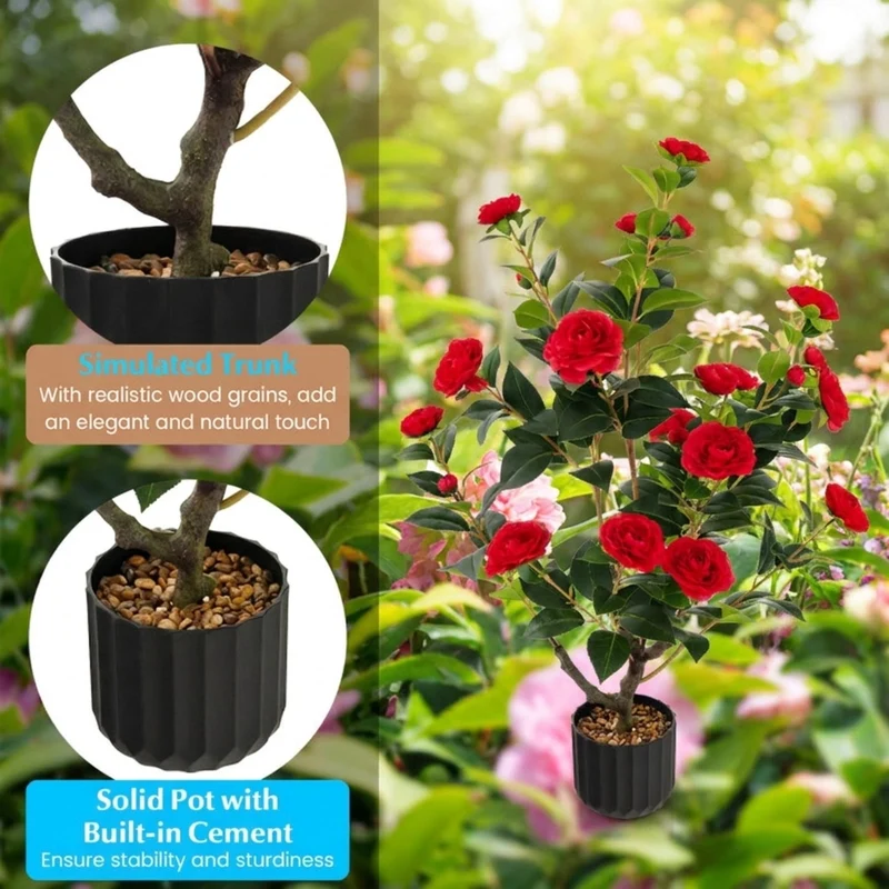 SUGIFT 38 Inch Artificial Camellia Tree, 2 Pack Faux Flower Plant with Red Blooms in Cement Pot for Living Room Porch Decor, Red + Green + Black,
