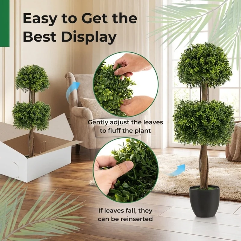 SUGIFT 40 Inch Artificial Tree Boxwood Topiary Ball, Faux Tree with Pot for Front Porch Patio Balcony Decor, Indoor Outdoor Fake Boxwood, Green Black