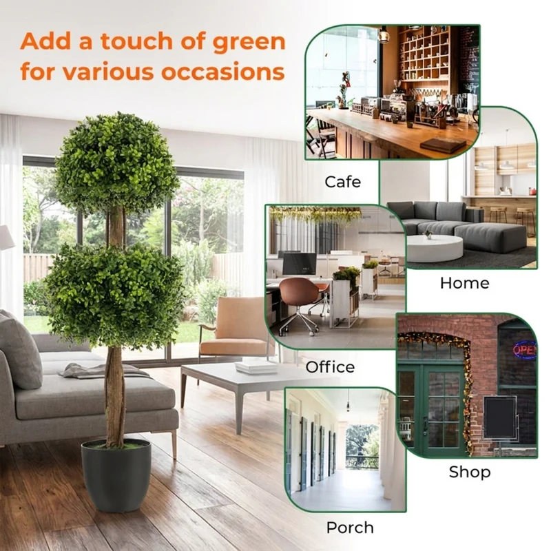 SUGIFT 40 Inch Artificial Tree Boxwood Topiary Ball, Faux Tree with Pot for Front Porch Patio Balcony Decor, Indoor Outdoor Fake Boxwood, Green Black