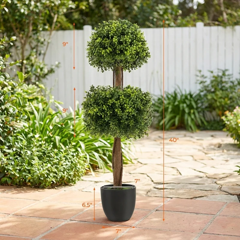 SUGIFT 40 Inch Artificial Tree Boxwood Topiary Ball, Faux Tree with Pot for Front Porch Patio Balcony Decor, Indoor Outdoor Fake Boxwood, Green Black