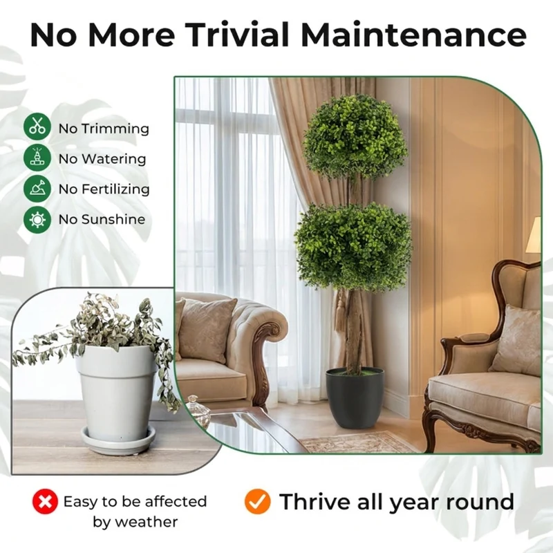SUGIFT 40 Inch Artificial Tree Boxwood Topiary Ball, Faux Tree with Pot for Front Porch Patio Balcony Decor, Indoor Outdoor Fake Boxwood, Green Black