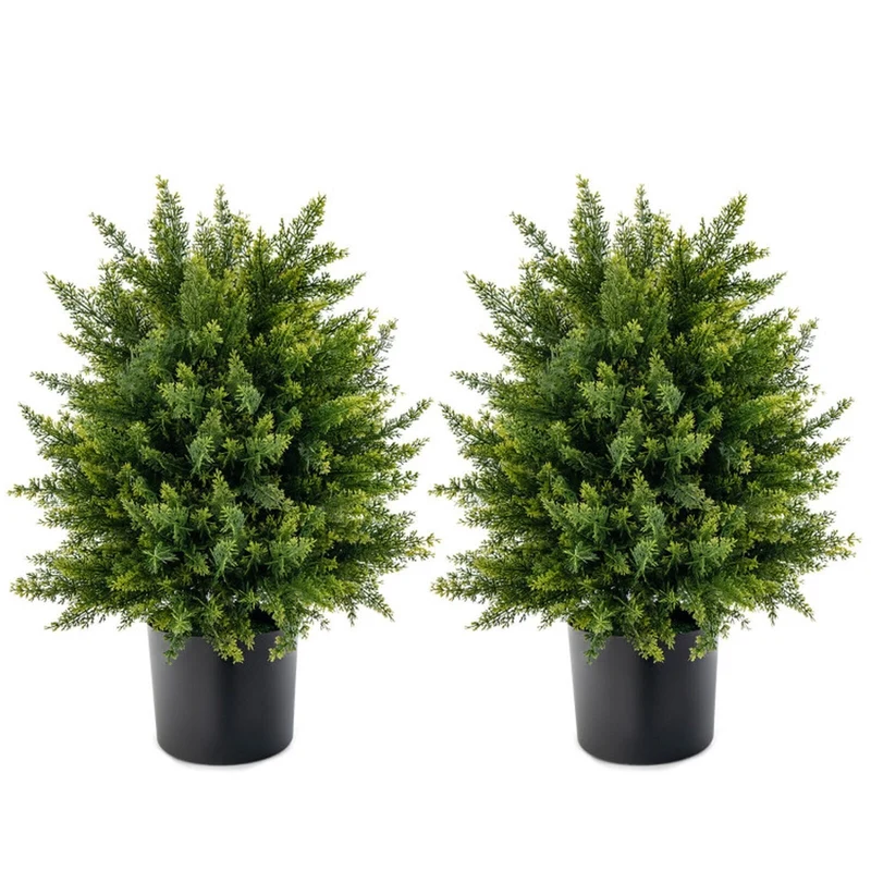 SUGIFT 2 Pack Artificial Cedar Topiary Ball Tree with Cement Pot, 21.5 Inch Faux Boxwood Ball Plant for Indoor Outdoor Entryway Patio Decor, Green,