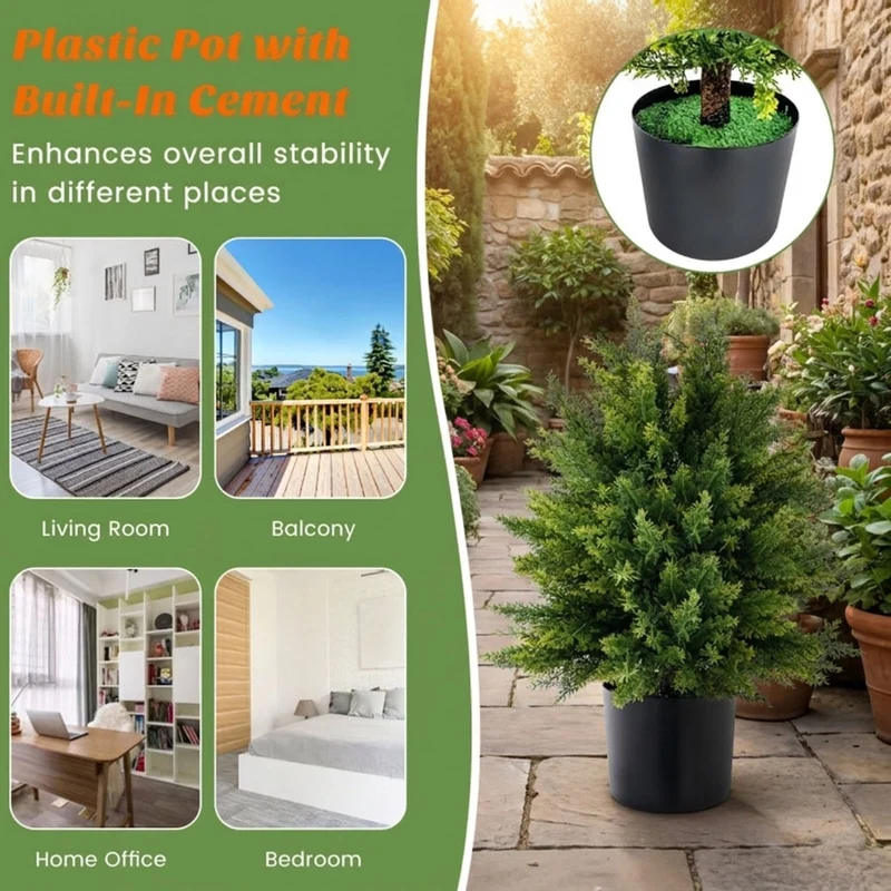 SUGIFT 2 Pack Artificial Cedar Topiary Ball Tree with Cement Pot, 21.5 Inch Faux Boxwood Ball Plant for Indoor Outdoor Entryway Patio Decor, Green,