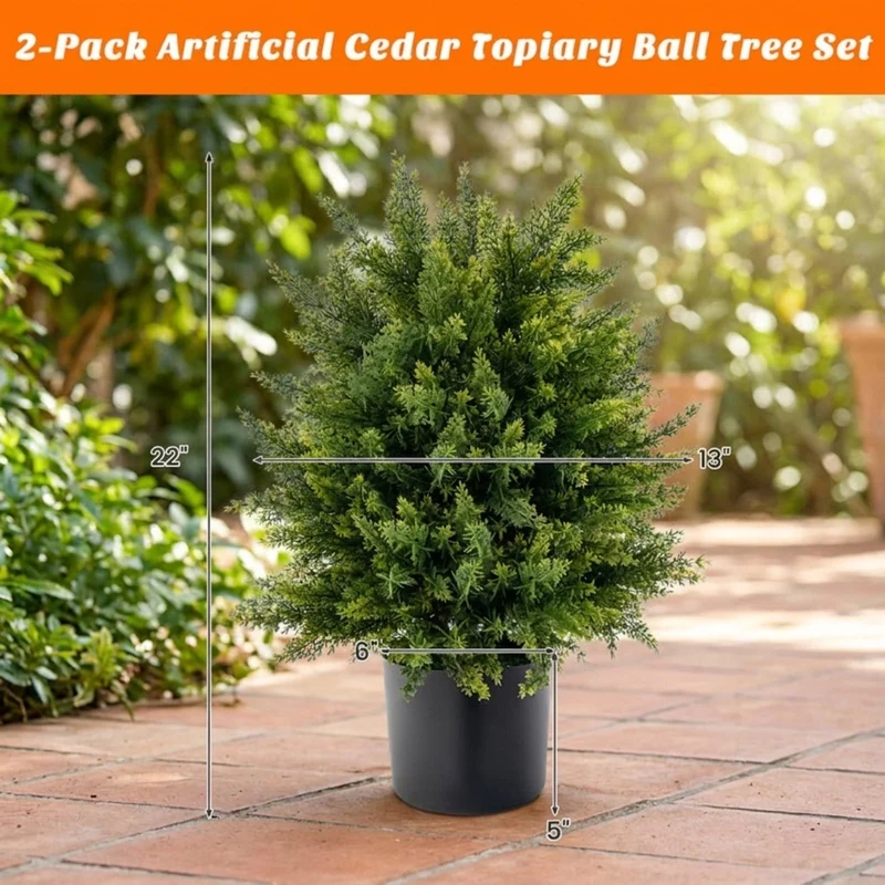 SUGIFT 2 Pack Artificial Cedar Topiary Ball Tree with Cement Pot, 21.5 Inch Faux Boxwood Ball Plant for Indoor Outdoor Entryway Patio Decor, Green,