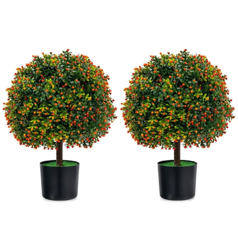 SUGIFT Artificial Boxwood Topiary Ball Tree Set of 2, Faux Tree with Orange Fruit Fake Potted Plant with Pot for Indoor Outdoor Porch, Green