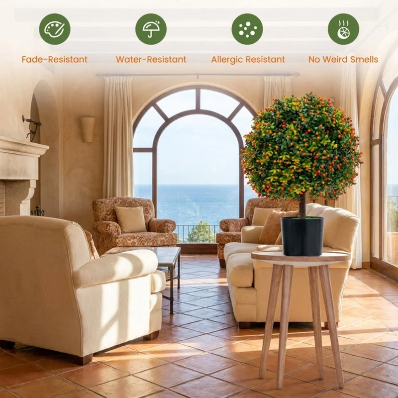 SUGIFT Artificial Boxwood Topiary Ball Tree Set of 2, Faux Tree with Orange Fruit Fake Potted Plant with Pot for Indoor Outdoor Porch, Green