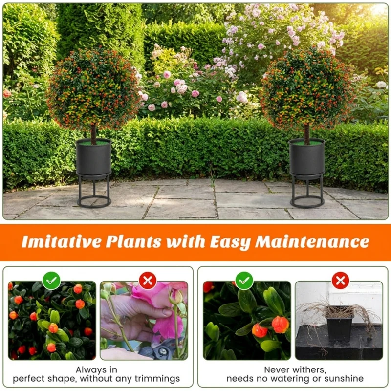 SUGIFT Artificial Boxwood Topiary Ball Tree Set of 2, Faux Tree with Orange Fruit Fake Potted Plant with Pot for Indoor Outdoor Porch, Green