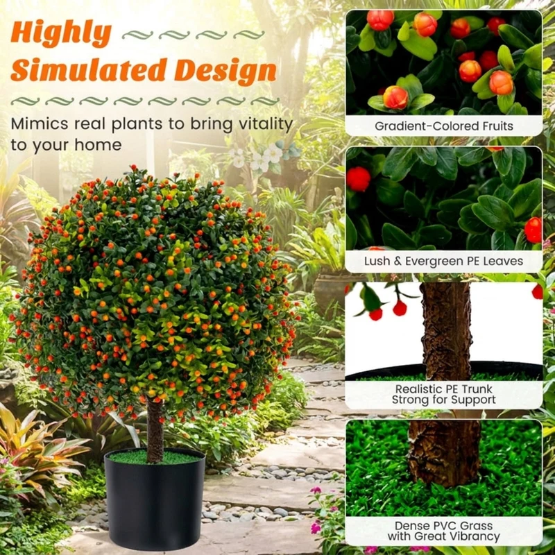 SUGIFT Artificial Boxwood Topiary Ball Tree Set of 2, Faux Tree with Orange Fruit Fake Potted Plant with Pot for Indoor Outdoor Porch, Green