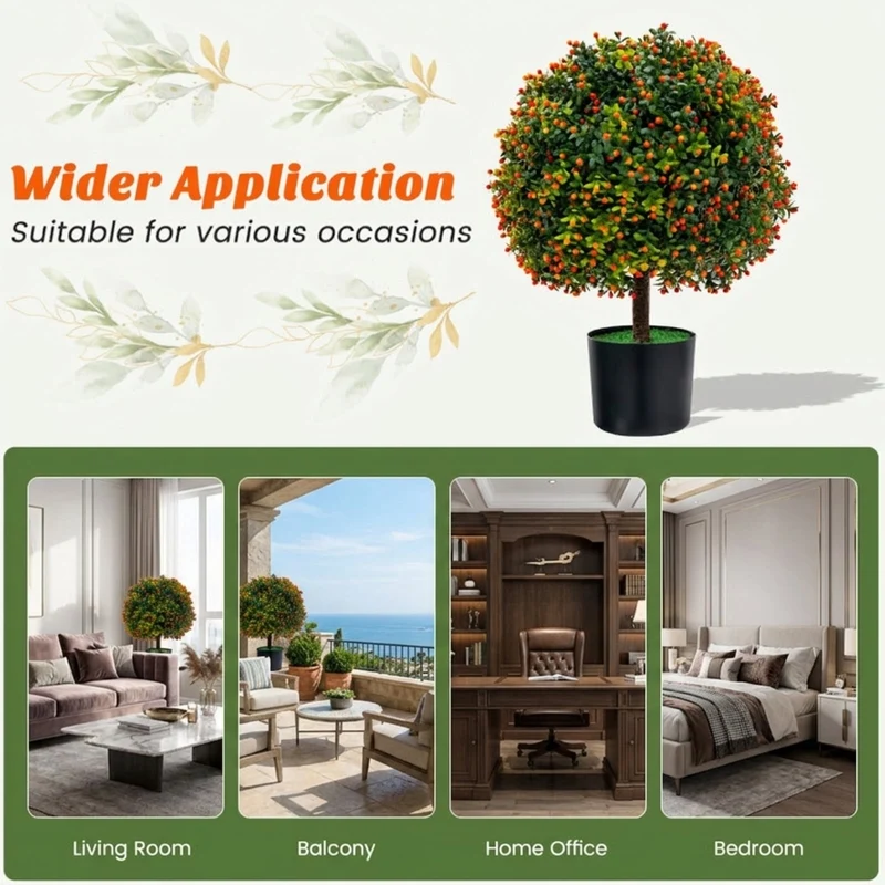 SUGIFT Artificial Boxwood Topiary Ball Tree Set of 2, Faux Tree with Orange Fruit Fake Potted Plant with Pot for Indoor Outdoor Porch, Green