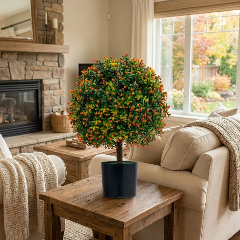 SUGIFT Artificial Boxwood Topiary Ball Tree Set of 2, Faux Tree with Orange Fruit Fake Potted Plant with Pot for Indoor Outdoor Porch, Green