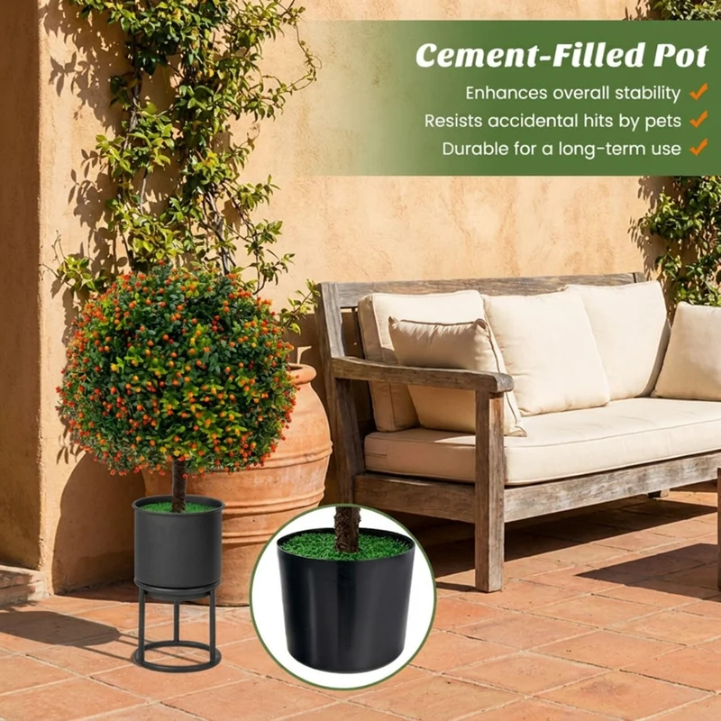 SUGIFT Artificial Boxwood Topiary Ball Tree Set of 2, Faux Tree with Orange Fruit Fake Potted Plant with Pot for Indoor Outdoor Porch, Green