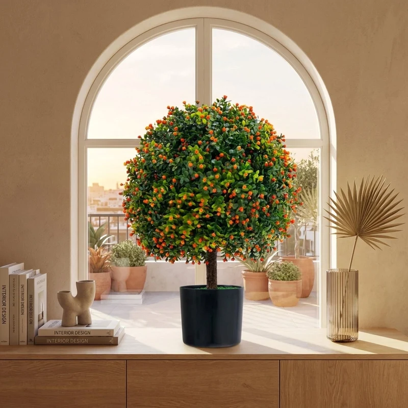 SUGIFT Artificial Boxwood Topiary Ball Tree Set of 2, Faux Tree with Orange Fruit Fake Potted Plant with Pot for Indoor Outdoor Porch, Green