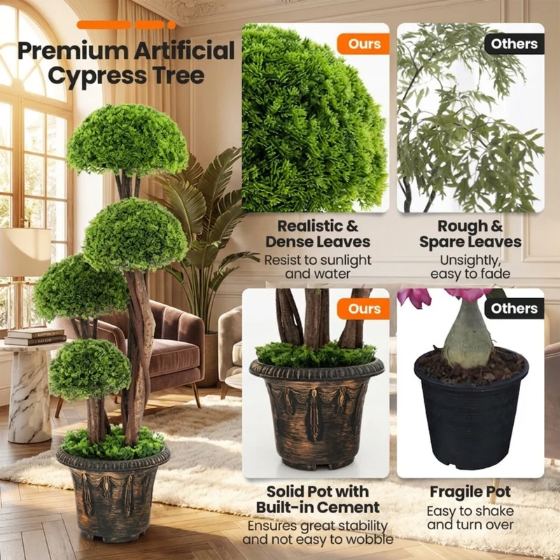 SUGIFT 3 Feet Artificial Tree Cedar Topiary with Rattan Trunk, Faux Tree Indoor with Pot for Living Room Entryway Decor, Fake Cedar Plant, Green