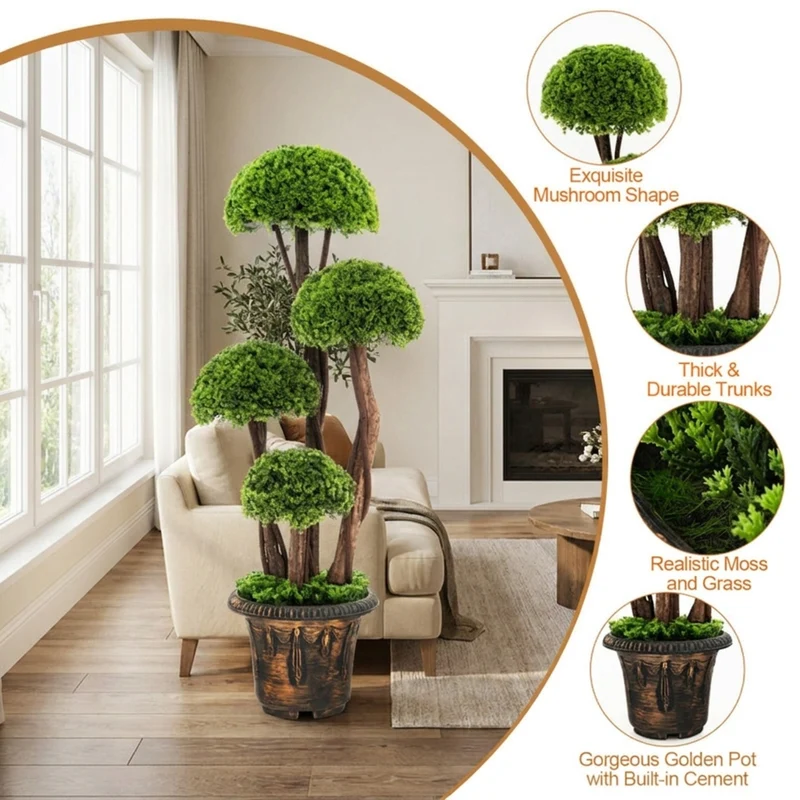 SUGIFT 3 Feet Artificial Tree Cedar Topiary with Rattan Trunk, Faux Tree Indoor with Pot for Living Room Entryway Decor, Fake Cedar Plant, Green
