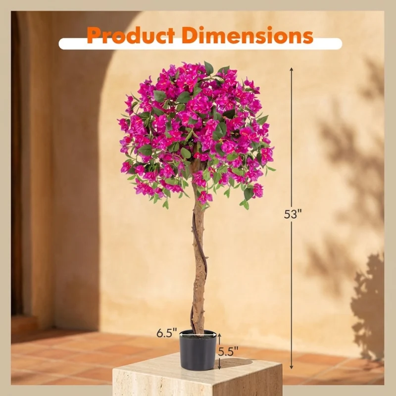 SUGIFT 4.5 FT Artificial Azalea Tree with Cement Pot, Faux Flowering Tree with Red Blooms and Green Leaves for Indoor Living Room Decor, Red Green