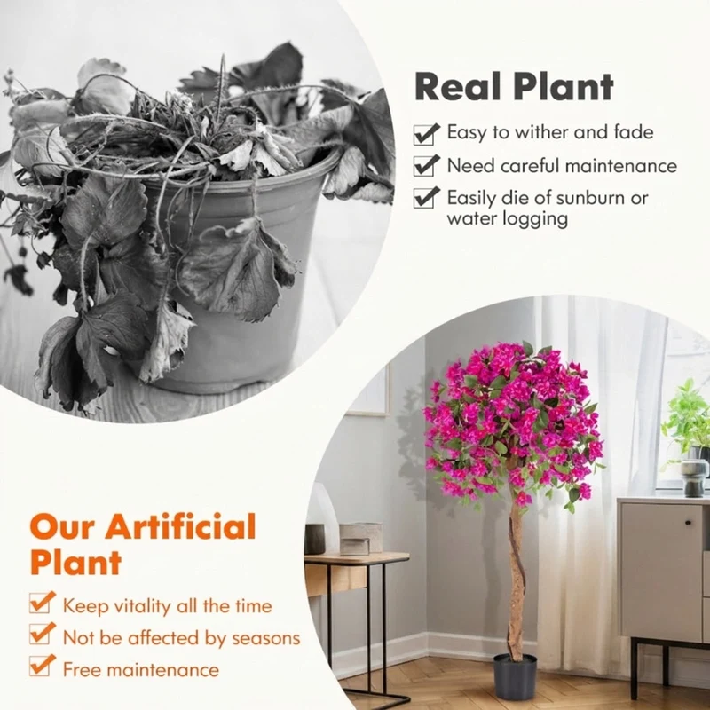SUGIFT 4.5 FT Artificial Azalea Tree with Cement Pot, Faux Flowering Tree with Red Blooms and Green Leaves for Indoor Living Room Decor, Red Green
