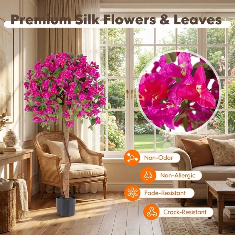 SUGIFT 4.5 FT Artificial Azalea Tree with Cement Pot, Faux Flowering Tree with Red Blooms and Green Leaves for Indoor Living Room Decor, Red Green