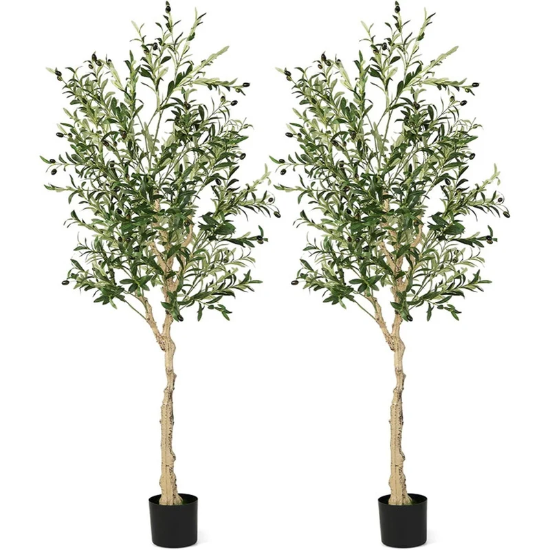 SUGIFT 6 Feet Artificial Olive Tree in Cement Pot, 2 Pack Tall Faux Olive Tree with 1296 Silk Leaves for Indoor Living Room Office Floor Decor, Green,