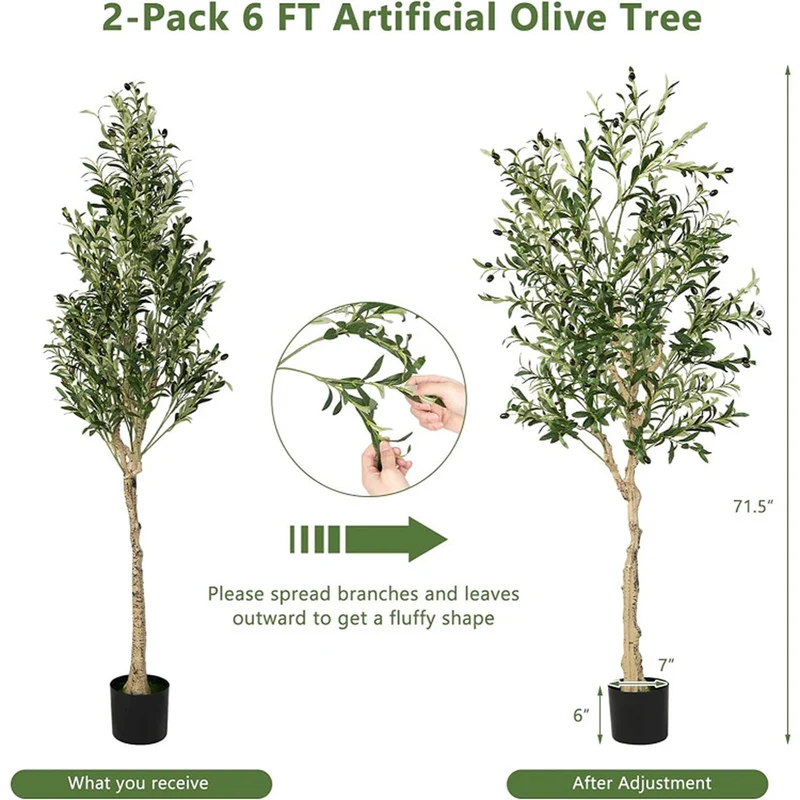 SUGIFT 6 Feet Artificial Olive Tree in Cement Pot, 2 Pack Tall Faux Olive Tree with 1296 Silk Leaves for Indoor Living Room Office Floor Decor, Green,