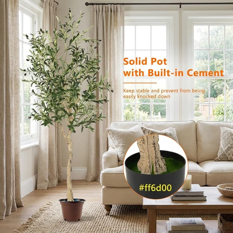 SUGIFT 6 Feet Artificial Olive Tree in Cement Pot, 2 Pack Tall Faux Olive Tree with 1296 Silk Leaves for Indoor Living Room Office Floor Decor, Green,