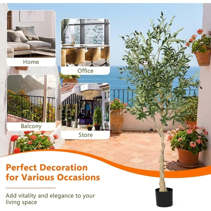 SUGIFT 6 Feet Artificial Olive Tree in Cement Pot, 2 Pack Tall Faux Olive Tree with 1296 Silk Leaves for Indoor Living Room Office Floor Decor, Green,