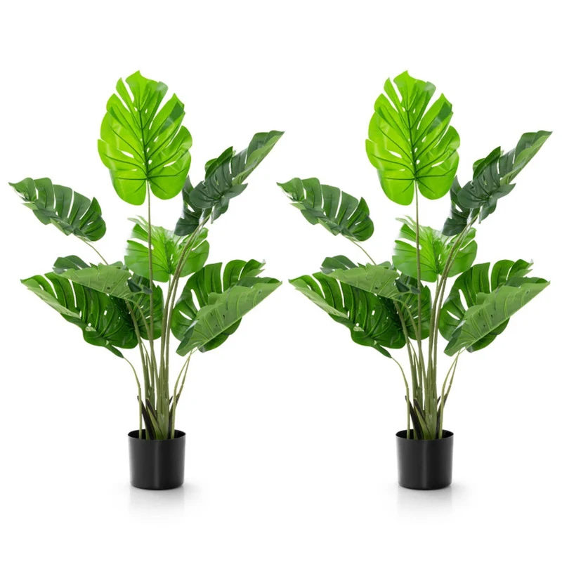 SUGIFT Artificial Monstera Deliciosa Tree Set of 2, Faux Tree with 10 Leaves Fake Tropical Plant with Pot for Indoor Living Room Decor, Green